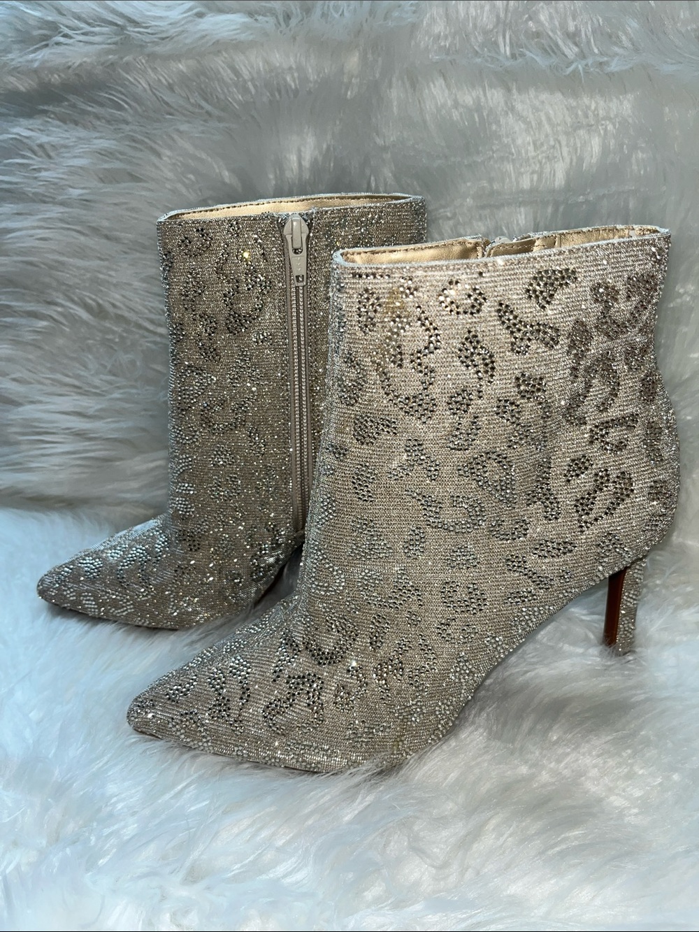 Gianni Bini Annina Two Leopard Print Booties Rhinestone Embellished Stiletto 8